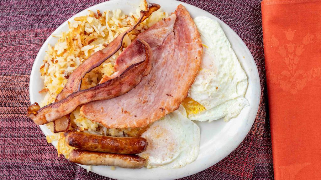 Plato'S Special Breakfast · 3 extra-large eggs, 2 bacon, 2 sausages or 1 turkey sausage patty, 1 slice of ham with hash browns, and toast and jelly.
