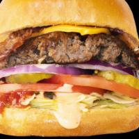 Bacon Cheese Burger · Beef bacon, American cheese, lettuce, tomato, red onion, pickle, ketchup, Famous sauce.