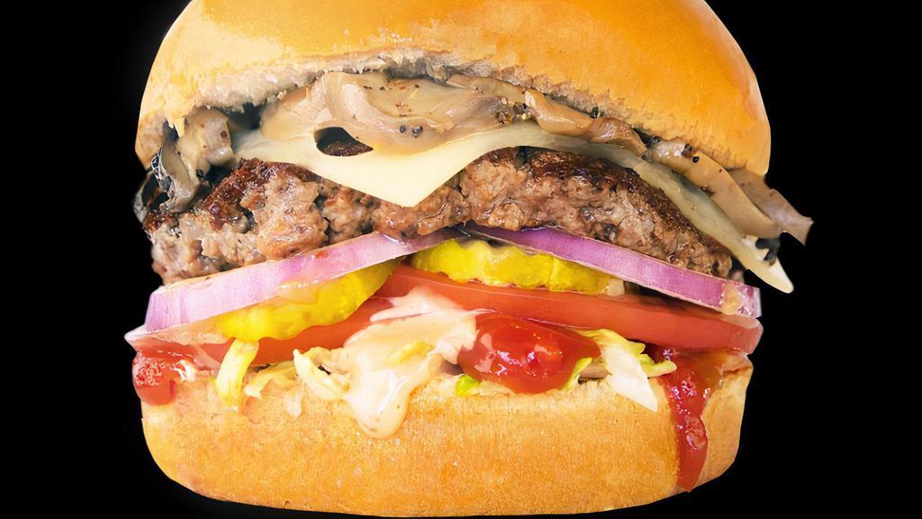 Swiss Mushroom Burger · Mushrooms, Swiss cheese, lettuce, tomato, red onion, pickle, ketchup, Famous sauce.