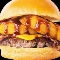 Bbq Burger · BBQ Sauce, beef bacon, onion ring, American cheese.