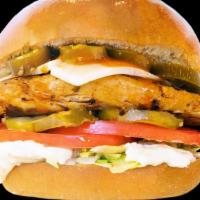 Chicken Habanero Burger · 6 oz chicken breast, jalapeño, hot sauce, habanero cheese, lettuce, tomato, pickle, garlic s...