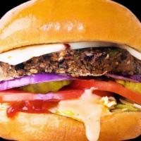 Black Bean Burger · Black bean patty, habanero cheese, lettuce, tomato, red onion, pickle, ketchup, Famous sauce.