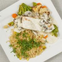 Salmon Veracruano · Grilled salmon on a bed of grilled vegetables with creamy white mushroom sauce. Served with ...