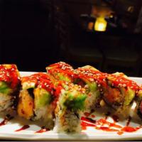 Spicy Dragon · White tuna and red snapper with spicy mayo and crunch inside. Avocado, spicy sauce, and swee...
