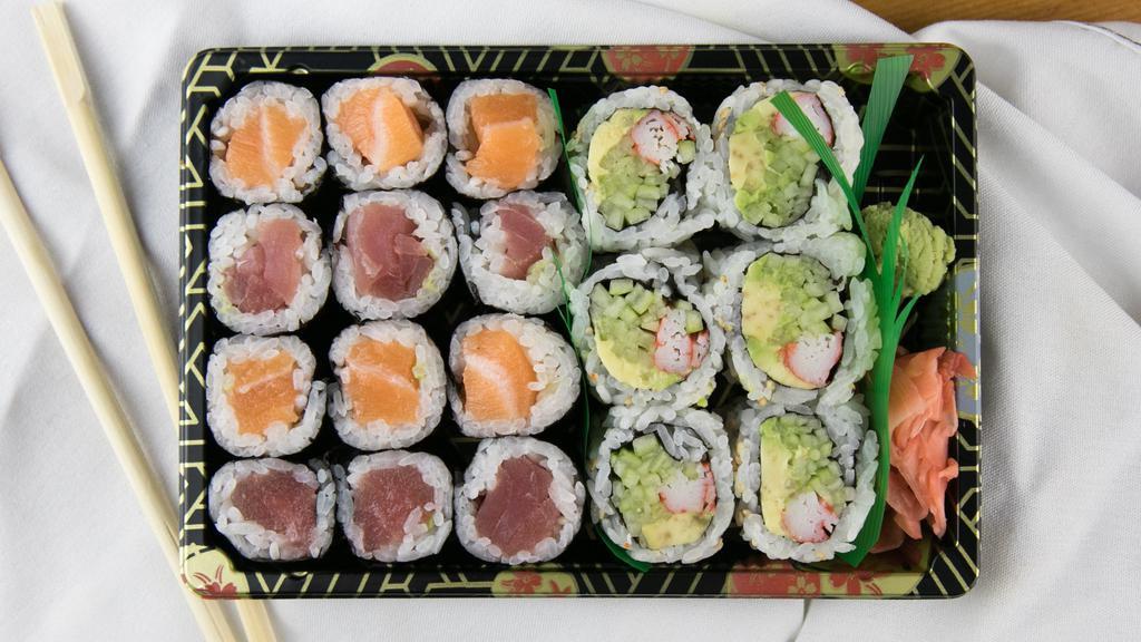 Makimono Set · 6 pcs california roll, 6 pcs salmon and 6 pcs tuna roll.
Consuming raw or undercooked meats, poultry, seafood, shellfish or egg may increase your risk of food bourne illness, especially if you have certain medical conditions.