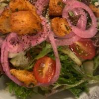 Side Greens Salad · tender greens, grape tomatoes, red onion, garlic cucumbers, croutons, house vinaigrette