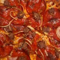 House Meat Pizza · pepperoni, Italian sausage, yellow onion, garlic