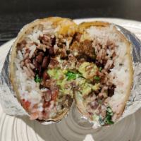 House Burrito · A Burrito consisting of, meat, rice, black beans, cheese, pico, green onions, sour cream, gu...