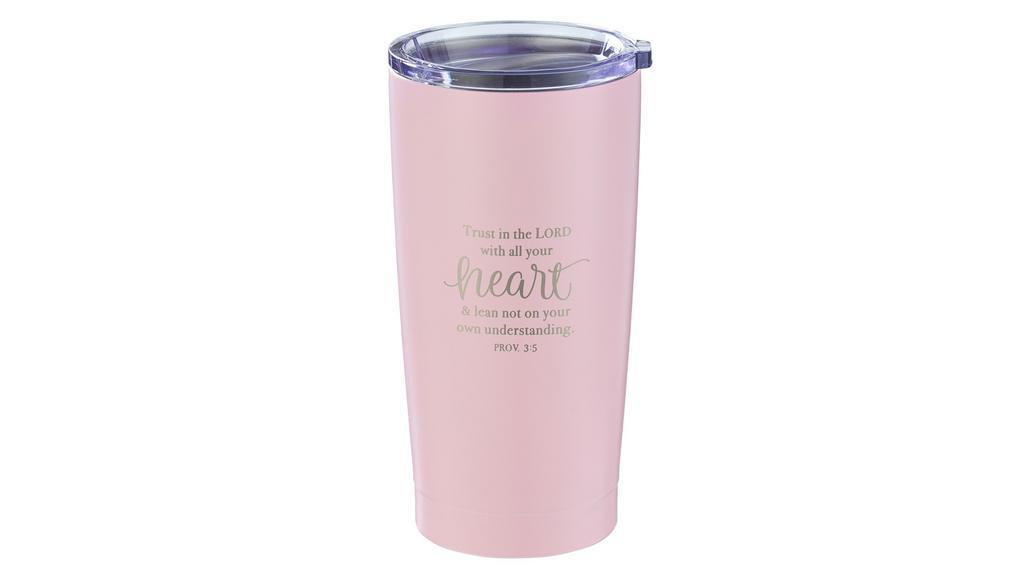 Trust In The Lord Pink Travel Mug · Double-walled stainless steel travel mug. Matte finish, with laser engraved verse. Capacity: 20 fl oz (550ml).