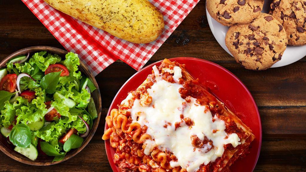 Personal Stouffer'S® Lasagna Bundle · Serves 1-2. Get all the STOUFFER'S® lasagna goodness, bundled for one!  Your choice of Meat & Sauce lasagna (10.5 oz.) or Cheese Lovers lasagna (10.75) served with a side salad, garlic bread, and topped off with two (2) NESTLÉ® TOLL HOUSE® Chocolate Chip Cookies. Comes with FREE FROZEN STOUFFER'S® CHEESE LOVERS LASAGNA 10.75 oz. OR FREE FROZEN STOUFFER'S® LASAGNA WITH MEAT & SAUCE 10.5 oz.