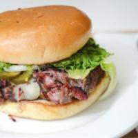 Noah’S Smokin’ Burger · Prime Brisket over a brisket beef patty with Pepper Jack cheese, jalapenos, lettuce, onions ...