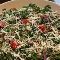 Quinoa Kale Salad · Kale, cherry tomatoes, pickled onions, shredded Parmesan and quinoa with a lemony vinaigrett...
