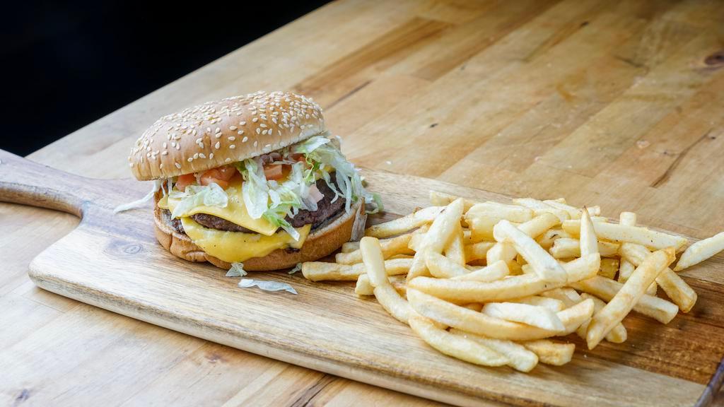 Cheese Burger · Chargrilled angus beef patty topped with American cheese, lettuce, tomatoes, onions.