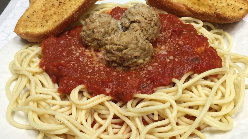 Spaghetti With Meatballs · Our Homemade Marinara  Sauce Served with garlic bread.