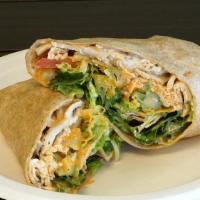 Buffalo Chicken Wrap · roasted chicken under blue cheese with buffalo sauce, ranch, celery, romaine lettuce and tom...