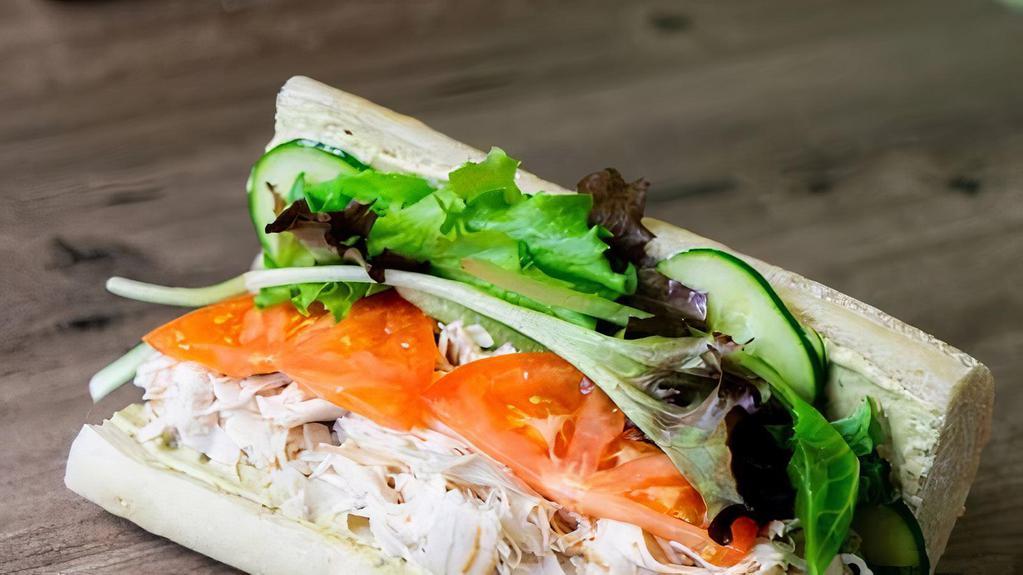 Turkey Avocado  Ranch Sub · Popular: a top-rated menu item. Roasted turkey with avocado ranch, tomatoes, cucumber, and organic greens on a french baguette.