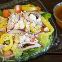 Greek Salad (Side) · Vegetarian: containing no animal meat. Romaine lettuce, kalamata olives, tomatoes, banana pe...