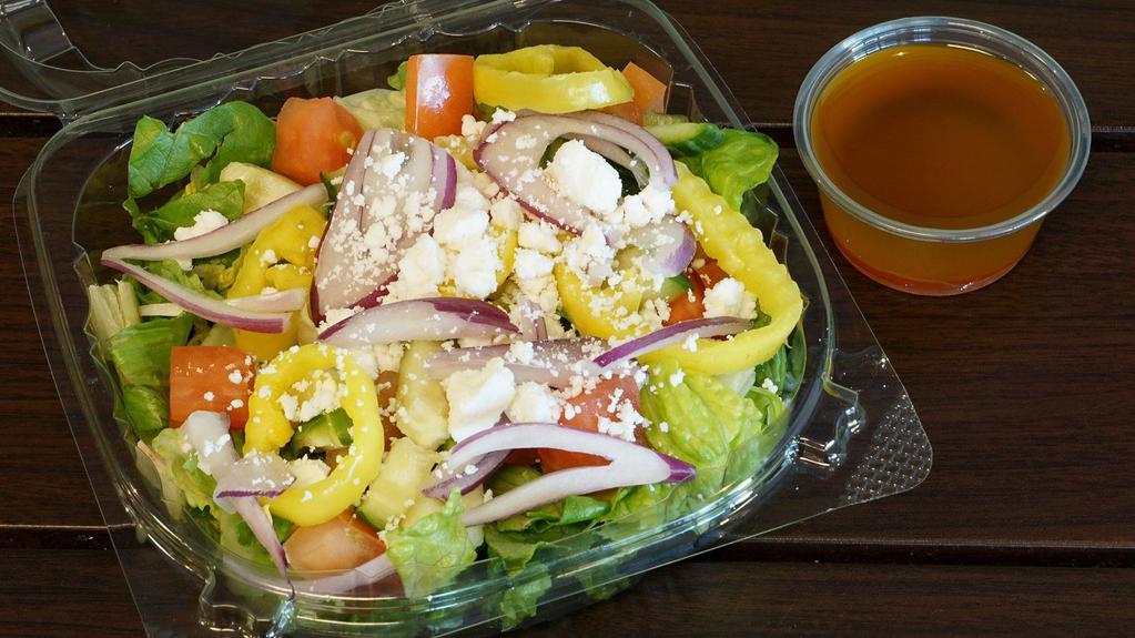Greek Salad (Side) · Vegetarian: containing no animal meat. Romaine lettuce, kalamata olives, tomatoes, banana peppers, cucumbers, red onions, and feta cheese with a side of Italian vinaigrette.