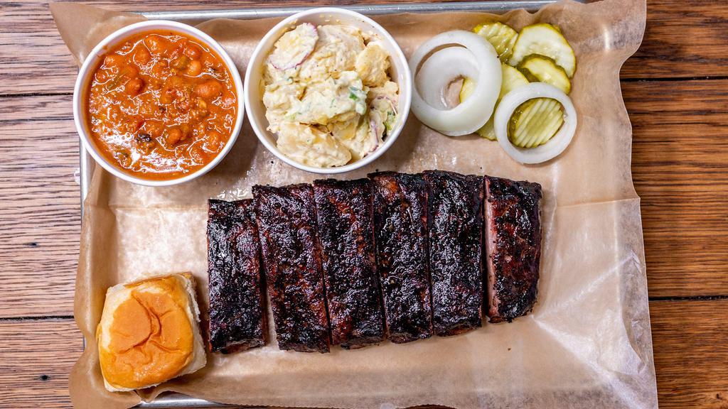 Louis Ribs · Half rack (6 bones) or Full rack (12 bones) of St. Louis ribs served with pickles, raw onions, and a bun. Comes with a  choice of 2 sides.