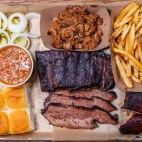 The Perfect Storm · Quarter chicken, 8 oz brisket, 8 oz pulled pork, 1/2 rack ribs, and two 12 oz sides (no subs...