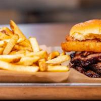 Brisket Sandwich · Sliced brisket on a bun, topped with onion rings and BBQ sauce. Choice of 1 side.