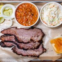 Brisket Plate · 8oz of sliced and tender, melt-in-your-mouth brisket plate is served with pickles, raw onion...