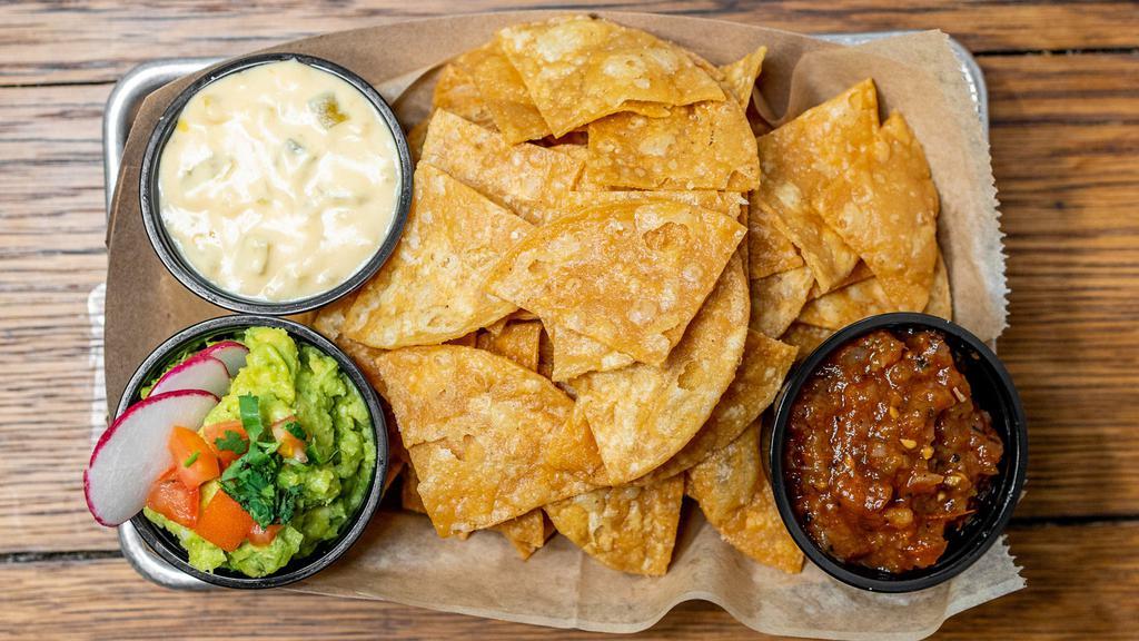 Chips · House made chips served with salsa, guacamole, queso, or all three.