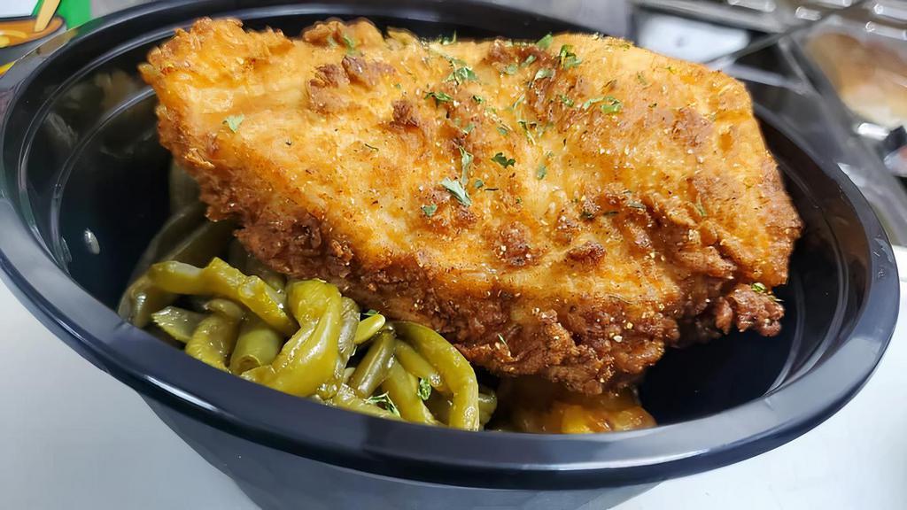 Signature Pork Chop Bowl · 2-6oz Fried or Smothered Pork Chops with Rice, Yams & Green Beans