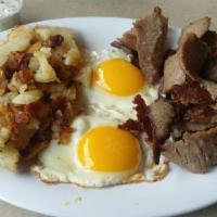 Two Eggs & Gyro Meat · With hash browns, toast, and jelly.