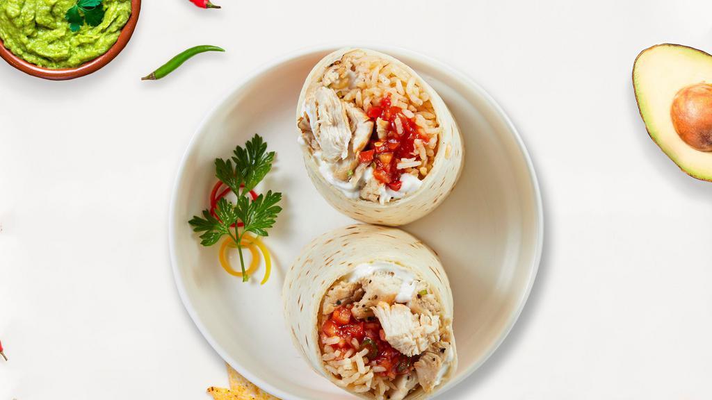 Pollo Party Burrito  · Grilled chicken topped with sour cream, salsa, cheese, and refried beans wrapped in a warm tortilla
