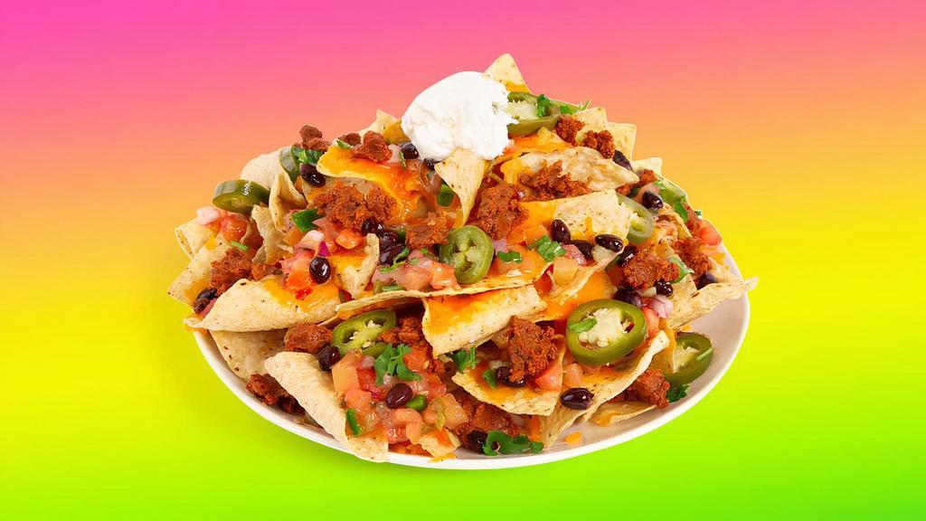 Loaded Nachos · Warm nachos topped with cheese, chili meat sauce, tomatoes, jalapeños, and sour cream..