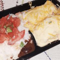 Chicken Enchilada Meal · Two chicken enchiladas, soul seasoning, onion, queso, pico de gallo, and flour tortillas. Pi...