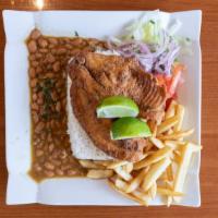 Tilapia Apanda · Breaded fish with rice, beans and french fries.