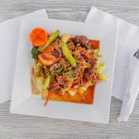 Beef Salad / Nua Nam Tok · Spicy. Sliced beef, onion, dried chili, rice powder and lime juice with fresh lettuce and to...