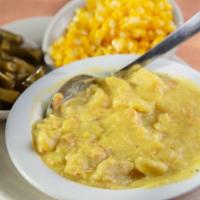 Chicken & Dumplings · Tender chicken simmered with vegetables & savory, home made dumplings. Served with soup or s...