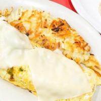 Chorizo Omelette · Chorizo sausage, roasted onions & peppers, pepper jack cheese, topped with our chili sauce a...