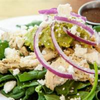 Spinach · Baby spinach, sliced chicken, red onion, avocado and feta cheese.