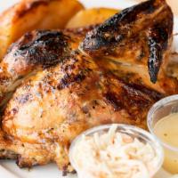 Whole Chicken · Greek, BBQ or Plain. Served with garlic bread, cole slaw, pickle spear and choice of fries, ...