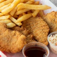 Chicken Fingers · Served with coleslaw and choice of fries, oven brown potatoes, baked potato, rice or vegetab...
