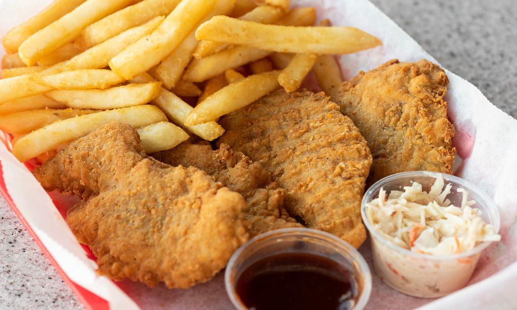 Chicken Fingers · Served with coleslaw and choice of fries, oven brown potatoes, baked potato, rice or vegetables.