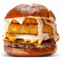 Good Burger · Pretzel bun, topped with mozzarella sticks, American cheese, onion rings and good burger sau...