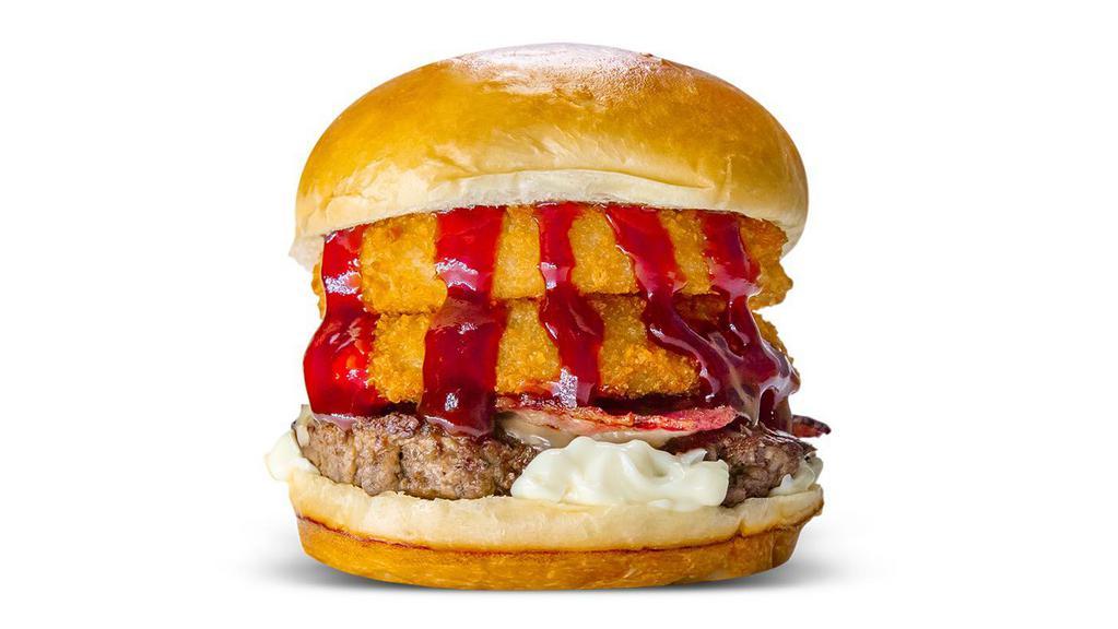 Bbq Burger · Brioche bun, swiss cheese, topped with sweet BBQ sauce, onion rings, turkey bacon, and mayo.