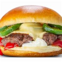 Southwest Burger · Brioche bun, grilled jalapenos, hot sauce, melted pepper-jack cheese, ketchup and mayo.