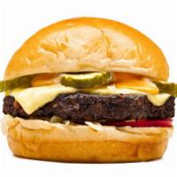 Chipotle Black Bean Burger · Brioche bun, lettuce, tomato, caramelized onions, melted pepper-jack cheese, pickles and goo...