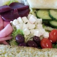 Small Mediterranean Salad · house blend lettuce, kalamata olive, beets, tomato, marinated red onion, cucumber, feta, lem...