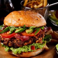 The Shai-Town Burger · Half-pound burger, bacon, cheddar cheese, avocado, lettuce, ghost fries on top, tomato, and ...