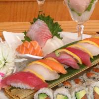 Sushi & Sashimi Combo · 12 pieces of various raw fish and four pcs of sushi and one California roll.