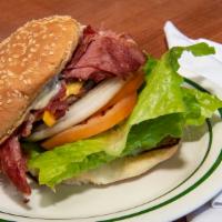 Frank Burger (Regular) · Two great tastes! Corned beef, burger patty, swiss and American cheese. Add fries, pop, chil...