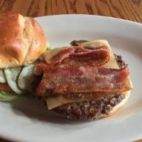 Mcclain Burger · 1/4 or 1/2 pound burger topped with strips of bacon and a slice of ghost pepper cheese (