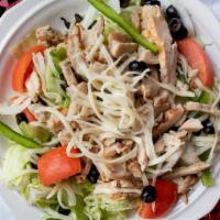 Chicken Salad · Lettuce, tomatoes, onions, green peppers, mozzarella, black olives, and grilled chicken.